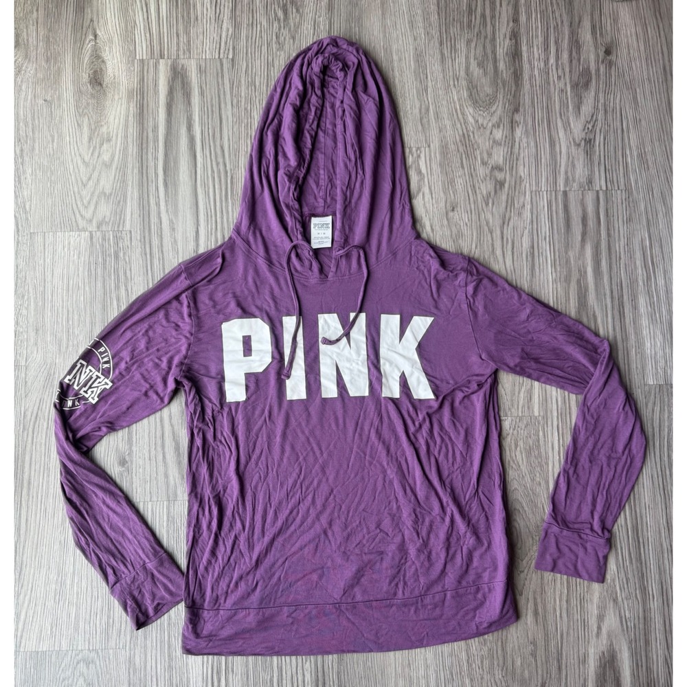 Pink Victoria's Secret Pullover Hoodie Long Sleeve T-Shirt Purple Logo Medium